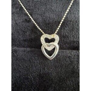 Silver Colored Double Heart Charm Necklace with Rhinestone accents